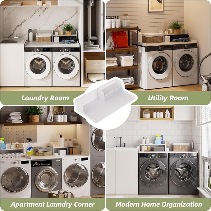 Washer Dryer Countertop with Shelf, 54" x 27.5" 2-Tier Bamboo Laundry Topper, Washer and Dryer Countertop for Laundry Room Organization with Edge Rails, Waterproof, White