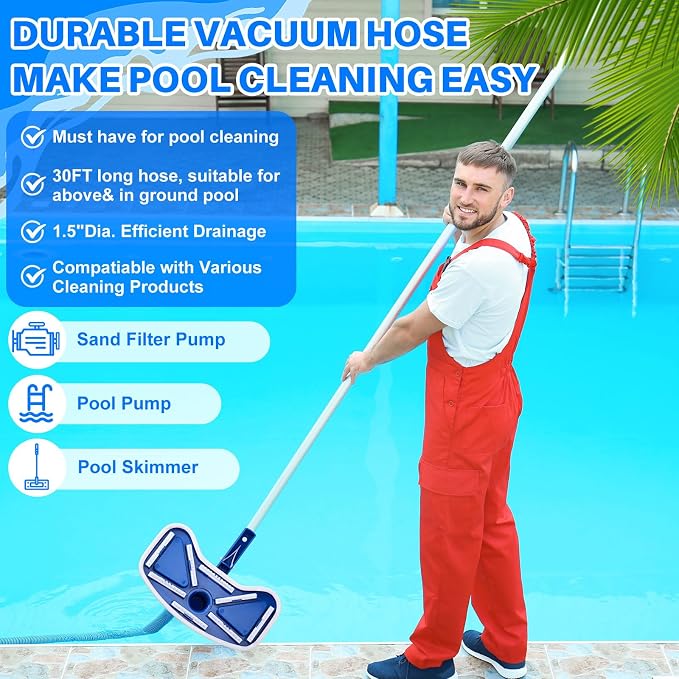4 Pcs Swimming Pool Cleaning Kit Including Pool Vacuum Head with 1-1/2" x 30 ft Hoses Flexible Head with Pole 17.5 '' Cleaning Brush for Inground Above Ground Swimming Supplies