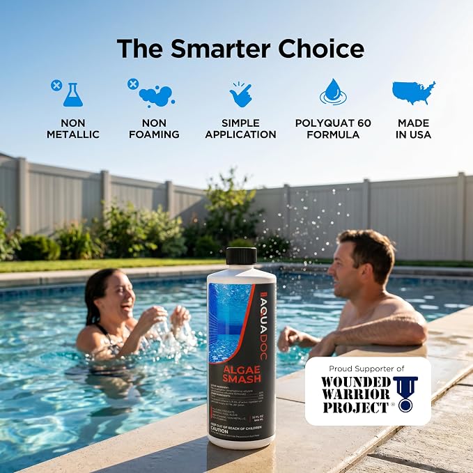 AquaDoc Algae Smash Polyquat 60 Algaecide for Swimming Pools - 32 oz - Non-Foaming, Non-Staining Formula to Help Remove and Prevent Algae in Inground and Above Ground Pools - Made in USA