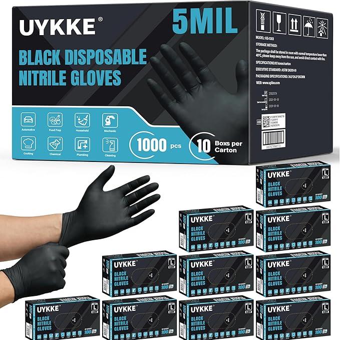 5 Mil Black Nitrile Gloves, Disposable Gloves Latex Free Powder Free Rubber Gloves for Cleaning Tattoo 1000PCs