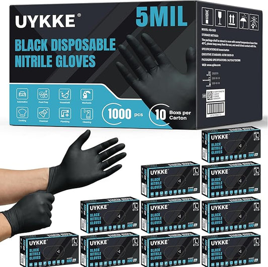 5 Mil Black Nitrile Gloves, Disposable Gloves Latex Free Powder Free Rubber Gloves for Cleaning Tattoo 1000PCs
