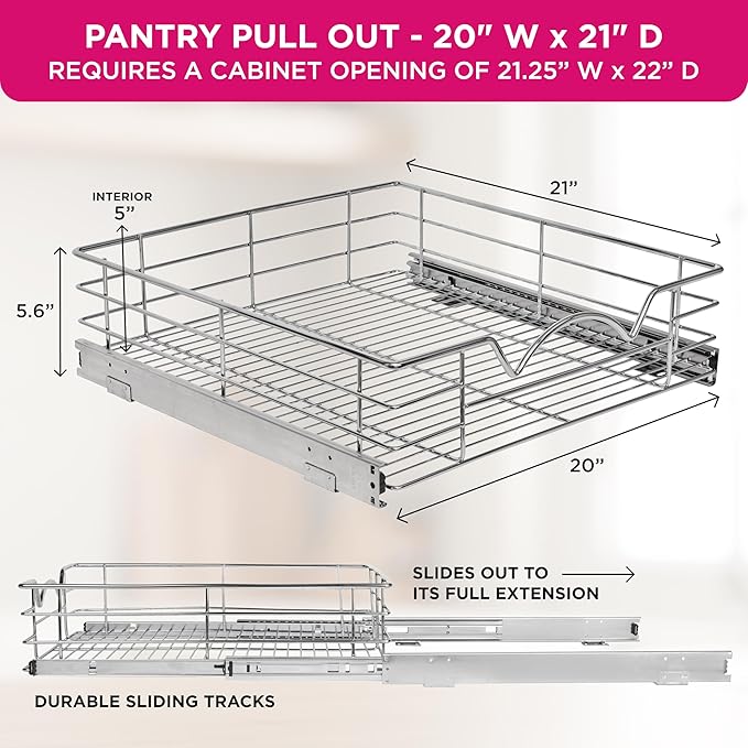 HOLDN’ STORAGE Pull Out Cabinet Organizer, Slide Out Drawer for Kitchen Cabinets & Pantry, Roll Out Shelf for Pots, Pans & Under Sink Storage, Heavy-Duty Full-Extension, 20"W x 21"D x 5"H