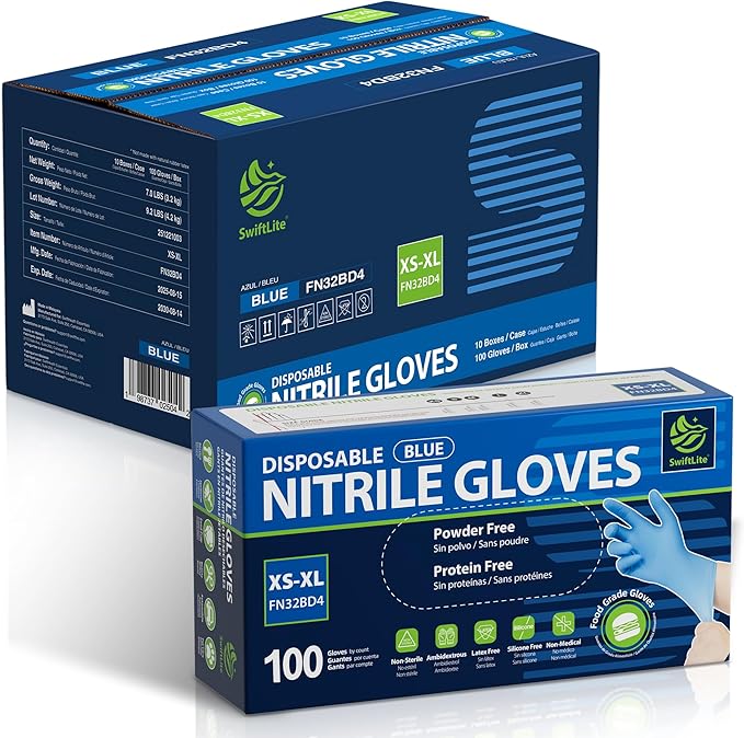 SWIFTLITE Food Safe Disposable Gloves, Blue Nitrile Rubber Gloves, Latex-Free Powder-Free for Food Prep, Cooking, Cleaning