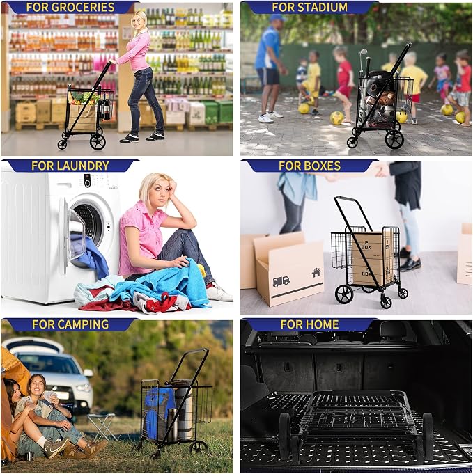 BIEAMA Folding Shopping Cart, 450 Lb Capacity Grocery Cart, Extra Large | Heavy Duty Utility Cart with 360 Rolling Swivel Wheels, Extra Basket