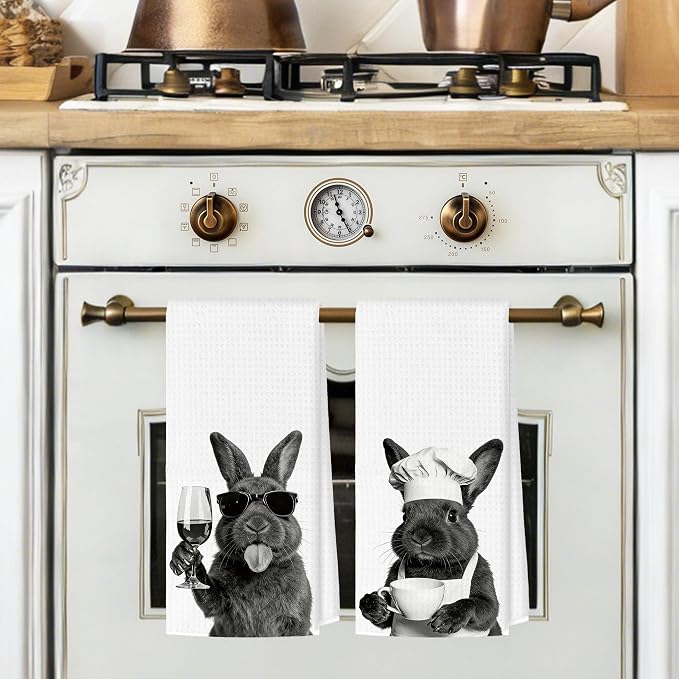 Funny Easter Bunny Wine Coffee Kitchen Towels, Bunny Lovers Gifts Decorative Hand Towels for Kitchen Decor, Rabbit Drink Wine Coffee Dish Tea Towel for Home Bar, 16x24 Inch Set of 2