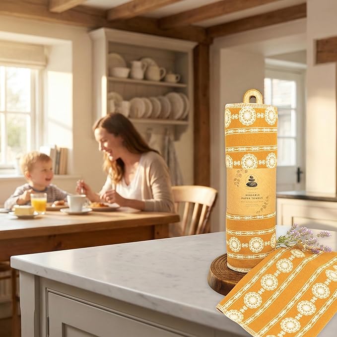 Reusable Paper Towels | 24-Pack Vintage French Country Lace in Gold Ochre | Organic Cotton Flannel | Paperless Towels with Wash Bag & Tube for Zero Waste Kitchen
