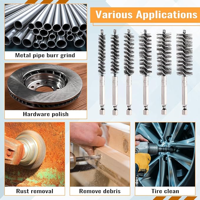 60 Pcs Bore Brush for Drill, Stainless Steel Silver Wire Cleaning Brushes Bulk with 1/4" Hex Shank Copper Pipe Cleaner Drill Attachment for Rust Engine Tube(8/10/12/15/17/19mm)