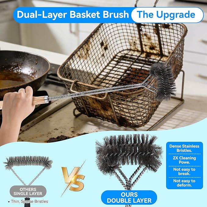 4-Piece Professional Deep Fryer Cleaning Kit - Commercial Stainless Steel Set with Dual-Layer Basket Brush, 3-in-1 Grill Scraper, L-Shape Brush & Drain Wand