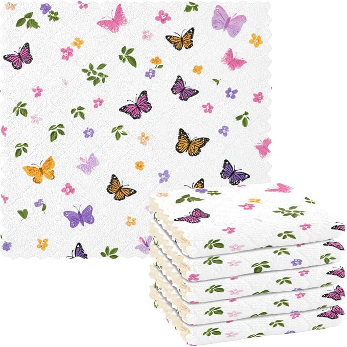 Pretty Butterfly Flower Kitchen Towels Dish Cloths Set of 6 Microfiber Cleaning Cloths for Cars Super Absorbent Machine