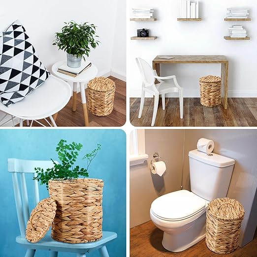 Ctosree 3.8 Gallons Large Wicker Trash Can with Lid Handle Woven Wicker Rattan Bathroom Waste Basket Boho Trash Basket with 100 Plastic Garbage Bags for Bedroom Office Laundry (Classic Style, Nautral)