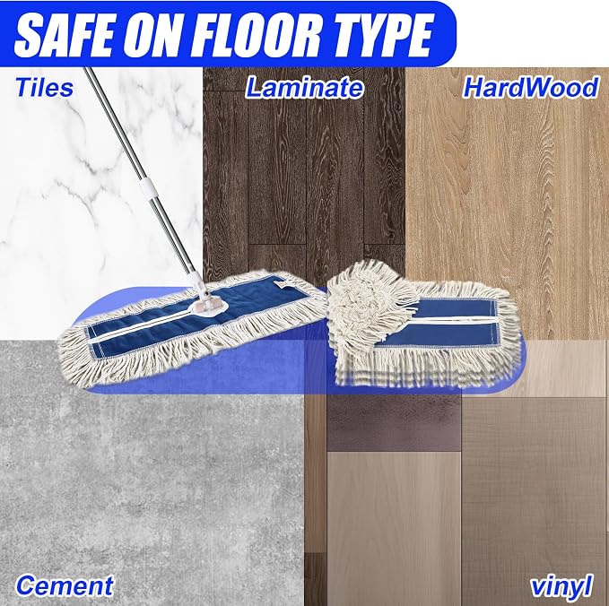 24" 4 Pack Industrial Strength Cotton Dry Dust Mop Head Floor Dust Mop Refill Hardwood Floor Duster Broom Dry Floor Cleaning for Hardwood Ceramic Marble Tile, Fits 24 Inch Frame