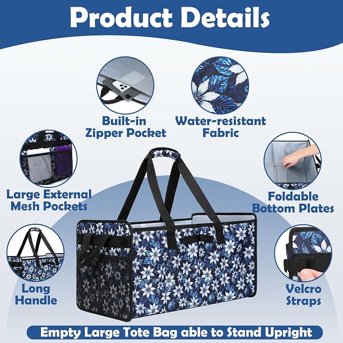 Extra Large Utility Tote Bag with Wire Frame Heavy Duty Grocery Bags Reusable Shopping Bags for Groceries with Handles Foldable XL Beach Bag for Travel Picnics Camping Car Trunk Organization