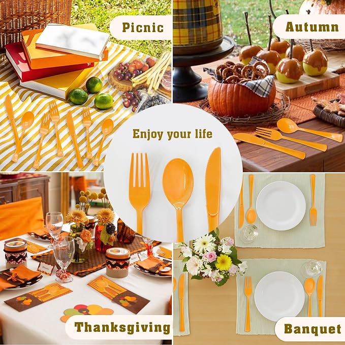 150 Pcs Orange Plastic Silverware, Orange Plastic Cutlery Disposable Includes 50 Forks, 50 Spoons, 50 Knives for Baby Shower, Birthday, Party, Holiday
