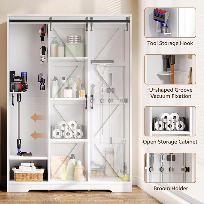Broom Closet Storage Cabinet, 67" H Wooden Vacuum Storage Cabinet, Utility Closet with Sliding Door, Cleaning Tool Organizer with Shelf and 6 Pack Broom Holder, 67.1" H×47.2" W×15.7" D, White