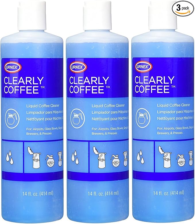 Urnex Clearly Coffee Pot Cleaner - 3 Pack - Made in the USA - French Press Liquid Cleaner for Glass Bowls Airpots Satellite Brewers and Thermal Servers Removes Coffee Oils