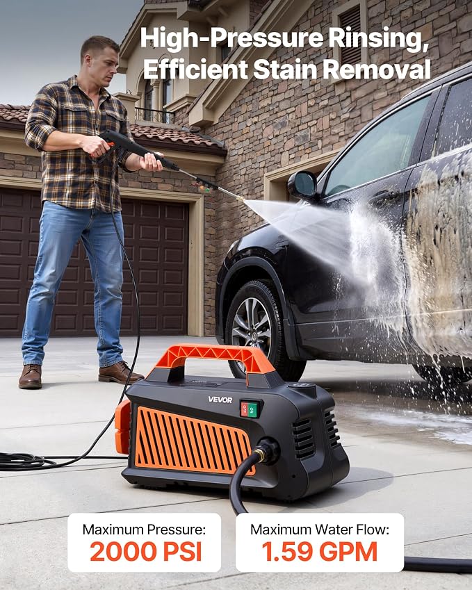 VEVOR Electric Pressure Washer, 2000 Max PSI 1.59 Max GPM, Portable Power Washer with 4 Nozzles, Metal Extension Wand, Built-in Carry Handle, Compact & Flexible for Cars,Driveways,Patios,Fences,Home
