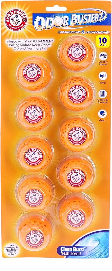 Arm & Hammer 10-Pack Odor Busterz Deodorizing Balls, 10 Count & Odor Busterz - Clip N Go, 4 Count Deodorizer Pack