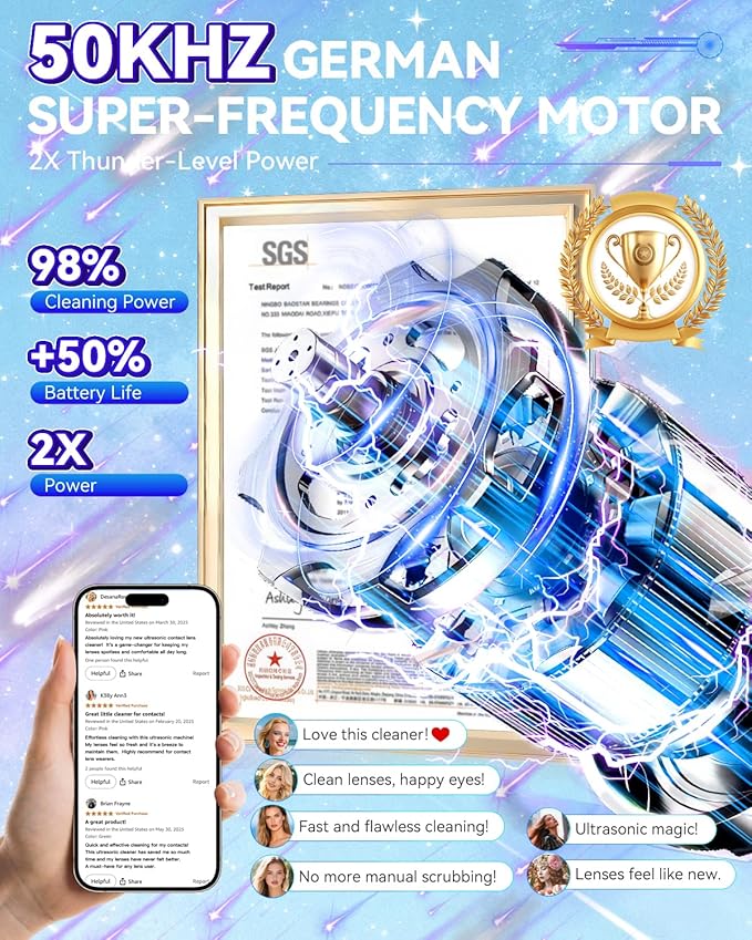2025 Upgraded Ultrasonic Contact Lens Cleaner【50KHz Germany Super Motor】【Top1 Intelligent Chip-Smart Modes】【Rechargeable】 Gentle Cleaning & 99% Brightness, Portable Soft Contact Lens Tools (Blue)