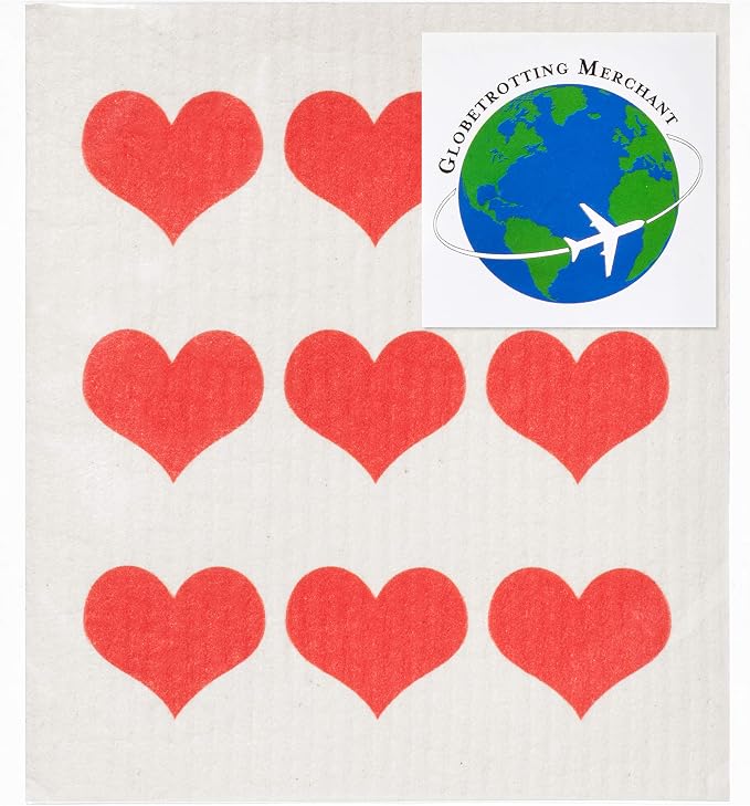 Swedish Dishcloths 2-Pack - Reusable Eco-Friendly Sponge Cloths, Super Absorbent Biodegradable Kitchen Cleaning Towels, Machine Washable, Red Hearts Row Design, 7.87"x6.88"