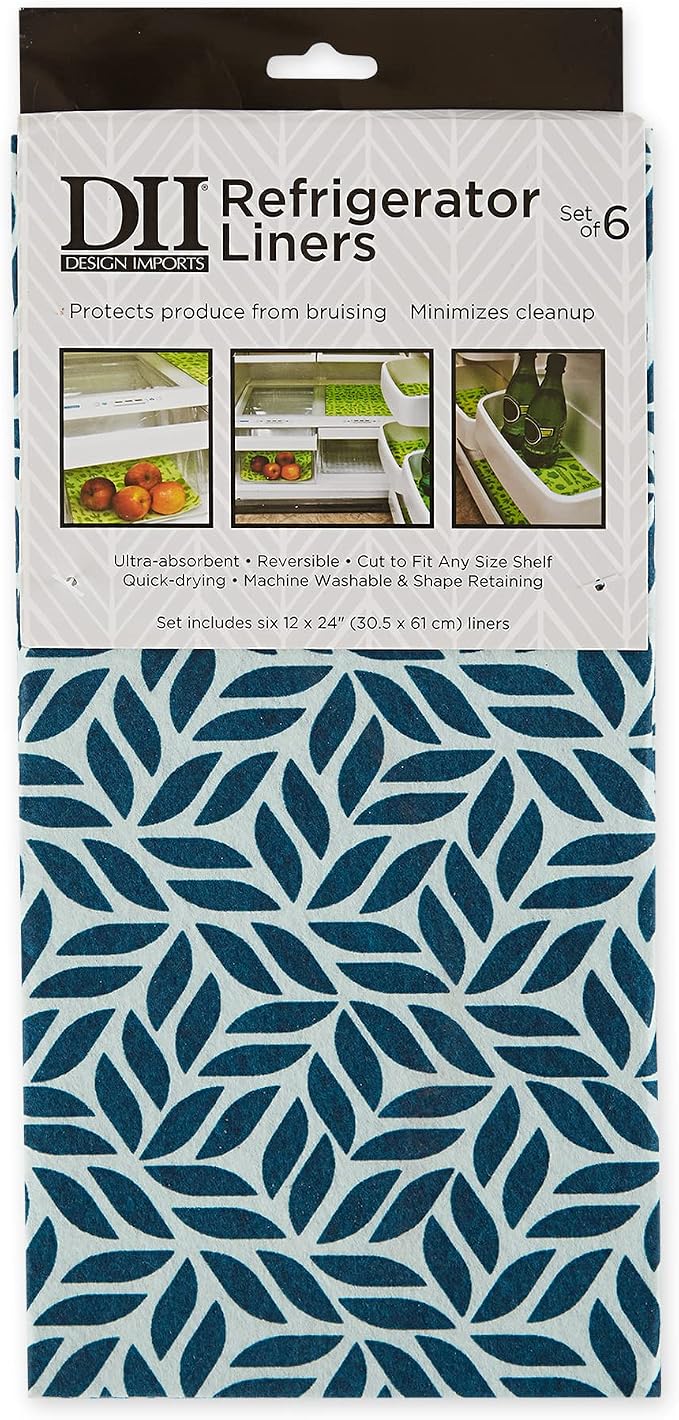 DII Fridge Liner Collection Non-Adhesive, Cut to Fit, 12x24, Nautical Blue Abstract Leaf, 6 Piece