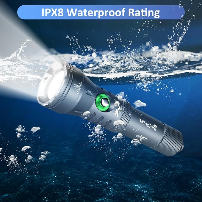 WINDFIRE Dive Lights Scuba Diving Flashlight, High-Powered Waterproof Flash Light with Power Indicator, 4 Modes, 12° Beam Angle, Underwater Scuba & Snorkeling Torch for Diving (Grey)