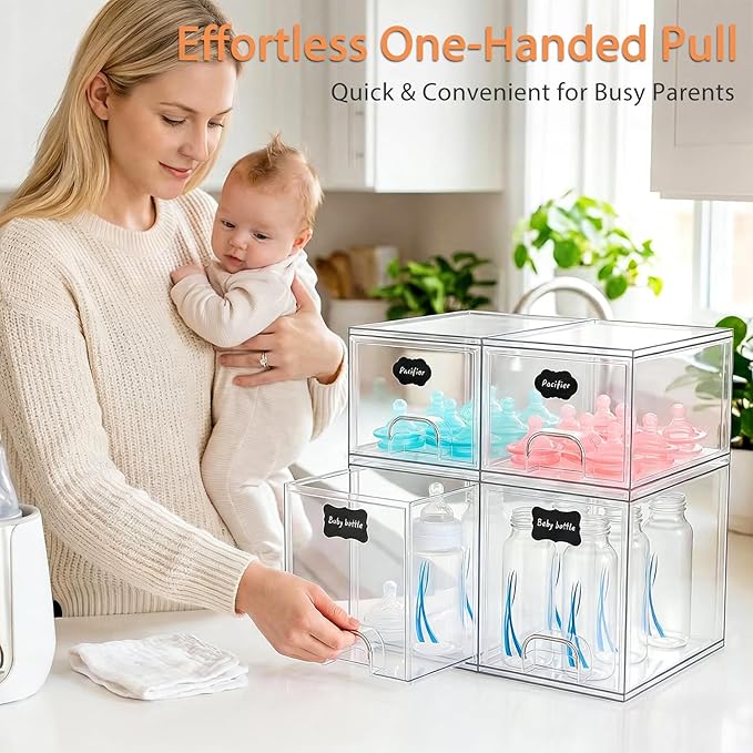 TOOGE Stackable Baby Bottle Organizer: Acrylic Bottle Organizer Baby Storage Drawers Clear Bottle Station Organization for Countertop Cabinet Vanity with 4 in 1 Cup Lid Cleaning Brush & Label - Tall
