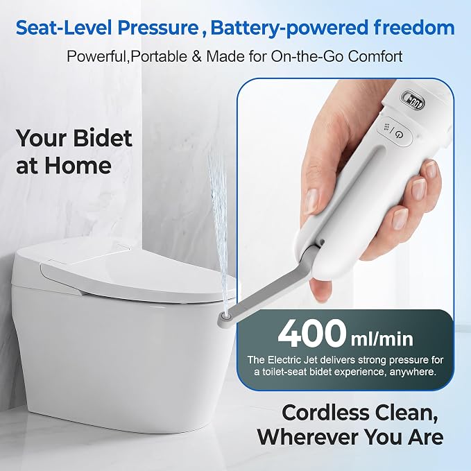 Electric Portable Bidet for Travel, Rechargeable for Women Postpartum, Period & Hygiene | 3 Pressure Modes, 260 Uses/Charge, IPX7 Waterproof, Foldable & Compact, Standard Bottle Fit, USB-C Charging, White