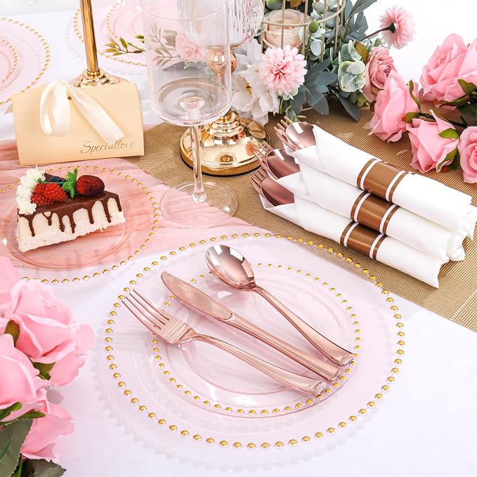 Supernal 100pack Rose Gold Plastic Silverware with Napkins, Prewrapped & Rolled Rose Gold Disposable Utensils, Elegant Pink Gold Cutlery Rolls for Wedding, Baby Shower & Party
