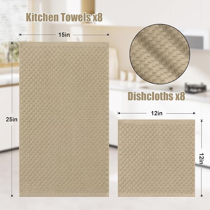 Homaxy 100% Cotton Kitchen Towels and Dishcloths Set, 12 x 12 & 15 x 25 Inches, Set of 16 Bulk Terry Cloth Dish Towels, Super Soft and Absorbent Hand Towel with Hanging Loop, Tan