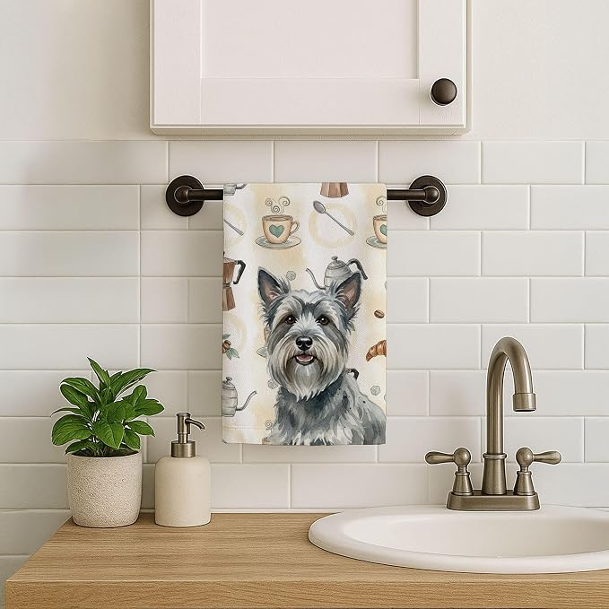 Caroline's Treasures Gray Skye Terrier Coffee Bar Kitchen Towel Velour Plush Front and Cotton Loop Back Machine Washable