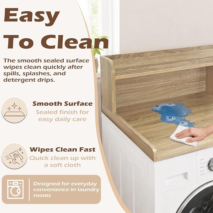 Royxen Laundry Countertop with 2-Tier Shelf Universal Fit, Washer and Dryer Countertop with Storage Space, Shelf Height 11.5 Inches, Solid Wood Core, White Oak