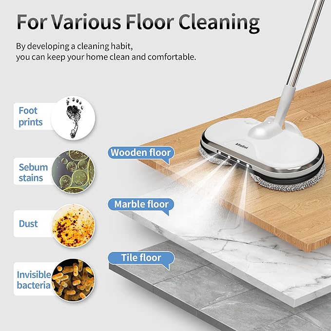 Electric Mop, AlfaBot WS-24 Cordless Spin Mop for Floor Cleaning, Lightweight & Rechargeable Floor Cleaner with Water Sprayer and LED Headlight for Hardwood and Tile Floors, White