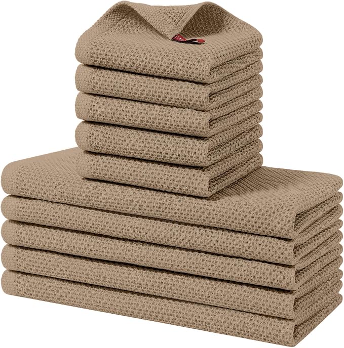 Homaxy 100% Cotton Kitchen Towels and Dishcloths Set, 12 x 12 Inches and 13 x 28 Inches, Set of 10 Bulk Kitchen Towels Set, Ultra Soft Absorbent Dish Cloths for Washing Dishes, Tan