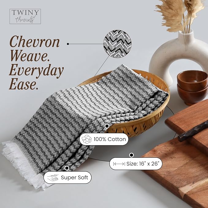 TWINY threads Kitchen Towel Chevron Weave, Premium Kitchen Linen Set, Large 100% Cotton Dish Rags, Absorbent Quick Drying for Daily Use, Washable Reusable, Set of 12, 16x26 Inches, Black