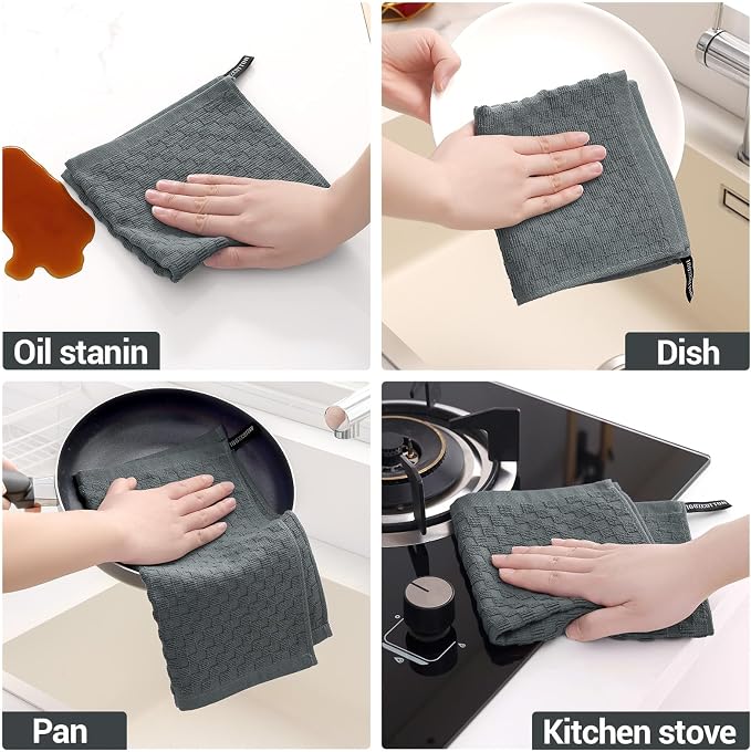 Homaxy 100% Cotton Terry Kitchen Dish Cloths, Ultra Soft Absorbent Dish Towels with Hanging Loop, Pineapple Grid Designed, 12 x 12 Inches, 12-Pack, Dark Grey