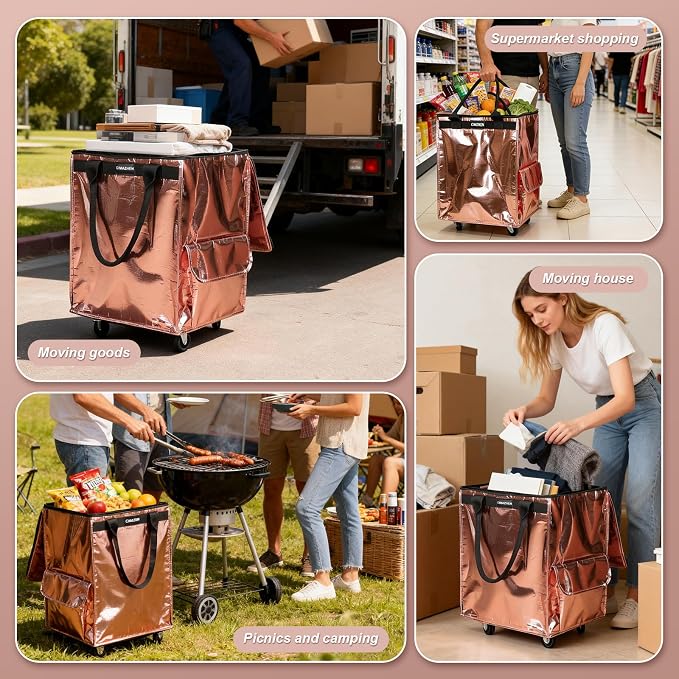 (Medium,Rose Gold) Reusable Grocery Bag on 4 Wheels, 70L Foldable Rolling Tote Bag with 3 Handles and Zipper, Rolling Shopping Cart for Groceries, Storage, Laundry, Travel, Organizer, 76lb