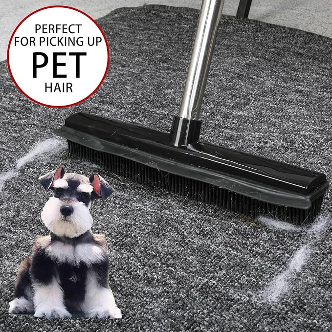 Rubber Broom and Dustpan Set,Pet Hair Removal Rubber Broom with Squeegee and Stainless Steel Dust Pan,Carpet Rake Push Broom and Dustpan for Fluff Hardwood Floor Tile (Black)