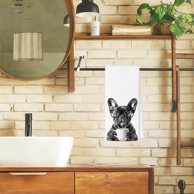 Funny French Bulldog Kitchen Towels, Dog Kitchen Accessories, Dog Chef Gifts for Women Decorative Hand Towels for Kitchen Decor, Coffee Lovers Gifts Dish Tea Towel, 16x24 Inch