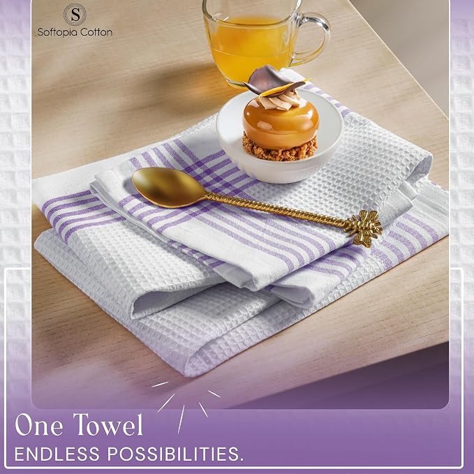 Waffle White & Lavender Kitchen Dish Towels 4 Pack, 100% Cotton, 16"x26", Thick Hand Towel for Drying Dishes, Quick Dry Washcloths, Perfect for Bar, Cooking, Serving, Cleaning