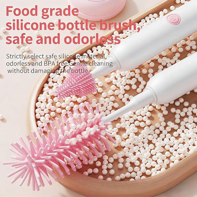 Portable Electric Silicone Bottle Brush Set, 7-in-1 UV LIGHT USB Charging, Nipple/Straw Cleaner, Milk Mixer, Built-in Drying Rack & Storage Case, BPA-Free, IPX7, On-the-Go for New Parents (Blush)