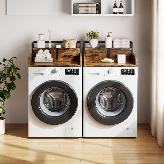 2-Tier Washer Dryer Countertop, Washing Machine Countertwith Shelf and 2 Drawers, Washer and Dryer Topper with High Guardrails, Smooth Edges, for Laundry Hamper Counter Storage Organization