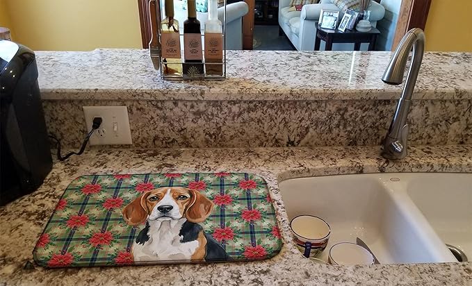 Caroline's Treasures Beagle Christmas PoinsettIas Dish Drying Mat Absorbent Dish Drying Mat Pad for Kitchen Counter Dish Drainer Mat for Countertop, 14 x 21", Multicolor