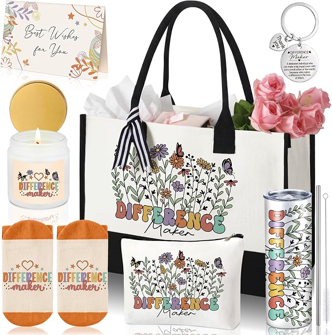 Patelai 7 Pcs Difference Maker Appreciation Gifts. Thank You Gifts for Women Set with 20oz Tumbler Tote Bag Candle Socks Makeup Bag for Mentor Teacher Nurse Coworker Secretary End of Year Gifts
