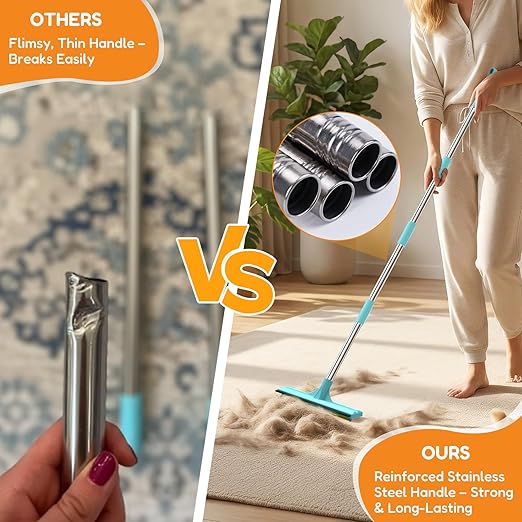 3-in-1 Carpet Rake for Pet Hair Removal, Upgraded Rug Scraper with 61" Thickened Handle & 10" Handheld Grip, Dual-Metal Edge Dog Hair Remover for Carpet, Couch, Furniture & Car