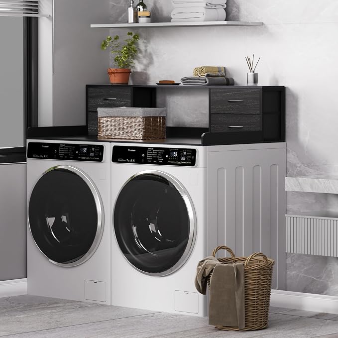 Unionly Washer and Dryer Countertop, 27.5“ D x 53.9“ W x 12.9“ H Solid Wood Washer and Dryer Countertop with Organizer Shelves with Four Drawers for Laundry Room Organization (Black)