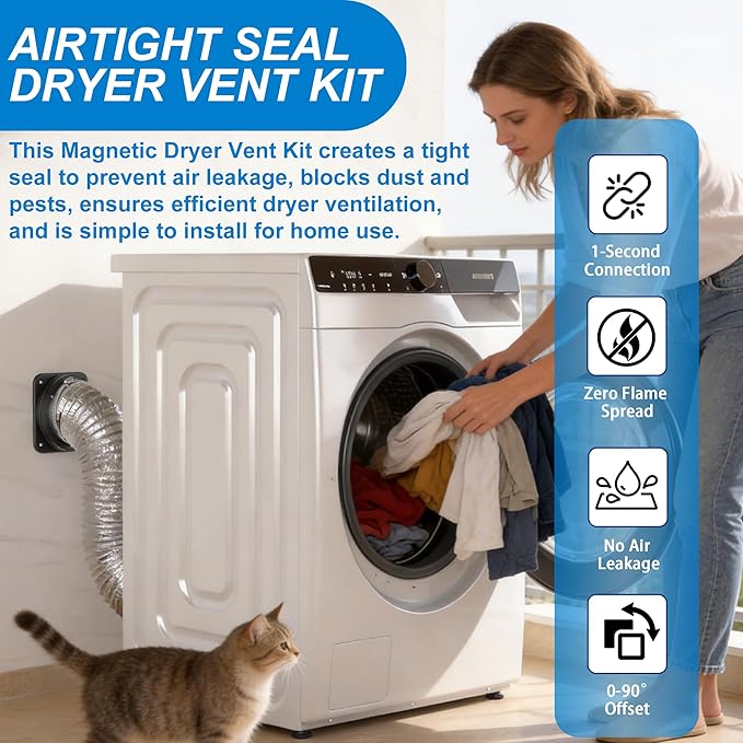 Magnetic Dryer Vent Coupling Connector Kit, Strong Magnet Airtight Seal, Quick Connect Disconnect, Easy to Clean Flexible 4" Exhaust Duct with 2 Clamps & Screws for Tight Spaces