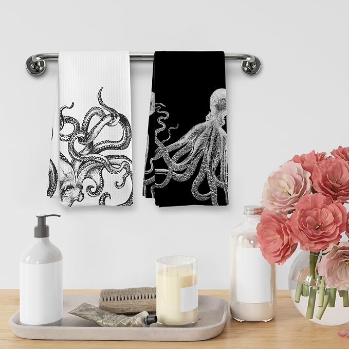Coastal Octopus Decor Dish Hand Tea Towels for Bathroom Kitchen, Octopus Ocean Nautical Beachy Bathroom Decor, Black and White Coastal Nautical Kitchen Towels and Dishcloths Sets of 2,16x24In