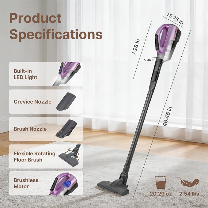 Shop-Vac S4 20V Handheld Vacuum Cordless with Brushless Motor, Rotating Floor Brush, Powerful 18000 Pa Suction Portable Vacuum for Car, Floor & Carpet, Wall-Mounted, LED, Lightweight, Purple