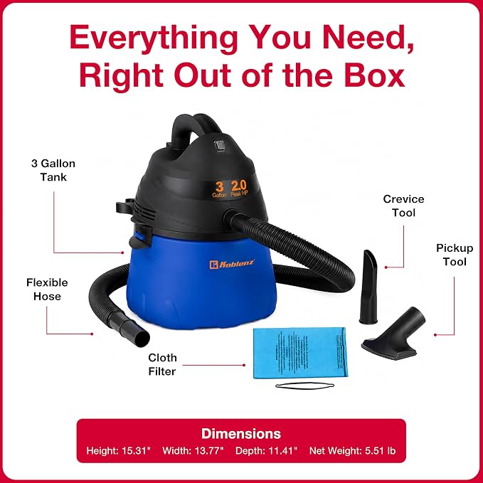 Koblenz Wet Dry Vacuum Cleaner, 3 Gallon 2.0 PHP, Twist-N-Lock Hose, Small Shop Vac, Portable Shop Vac for Home Car Garage Workshop, 10 ft Reach, Accessories Included, Blue/Black, WD-353L