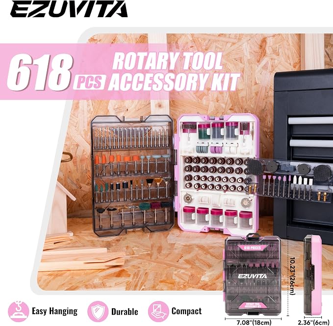 618PCS Rotary Tool Accessory Kit, Fits Dremel Rotary Tools, Universal Fitment for Polishing, Sanding, Cutting, Drilling, Engraving, Grinding with Portable Tool Storage Case (Pink) Fathers Day